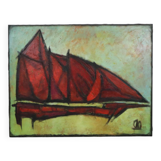 Abstract Boat Art Oil On Canvas XL Huge Painting Signed 146x114cm