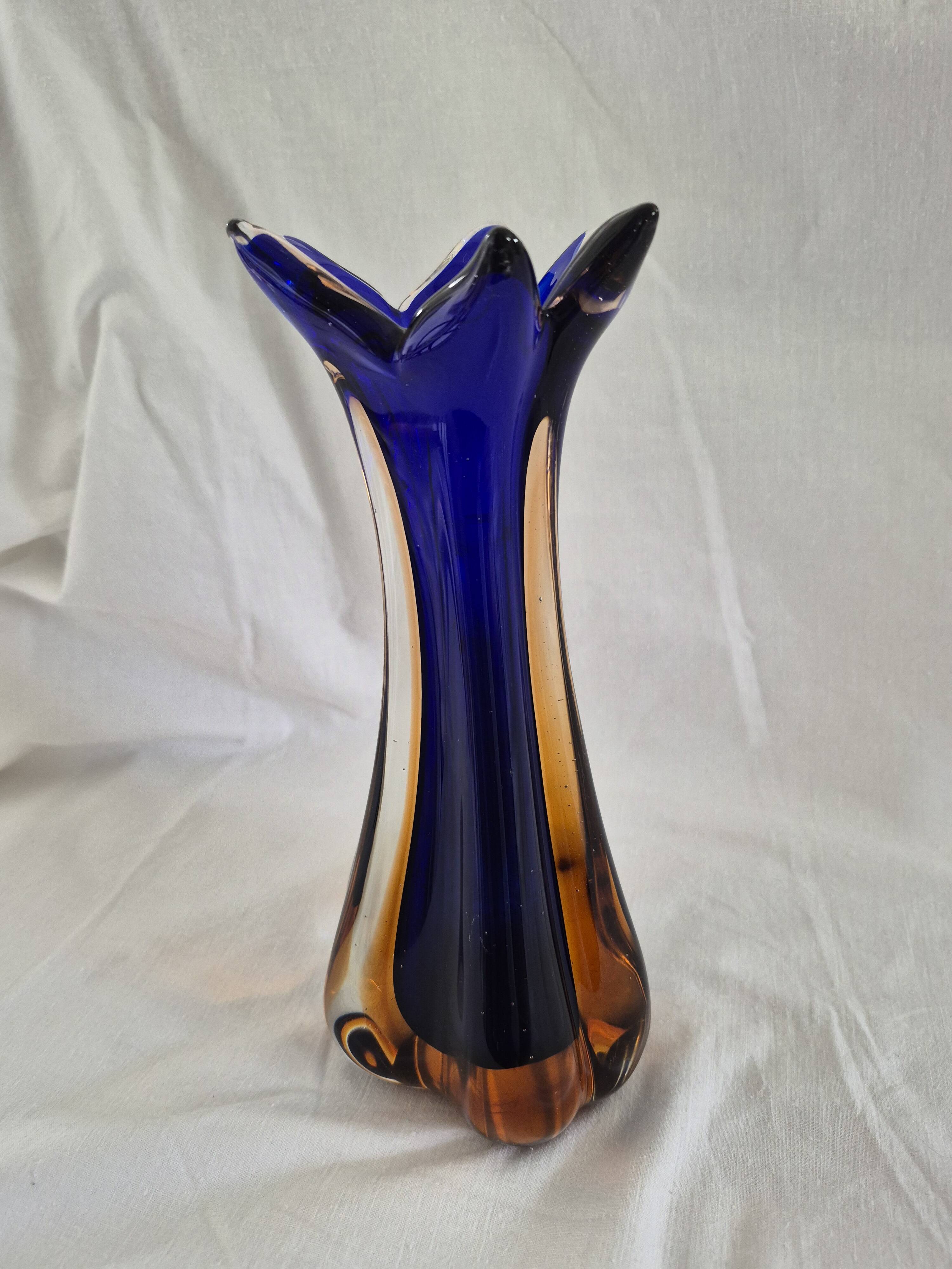 Vintage cobalt blue and amber blown glass vase in Murano style.