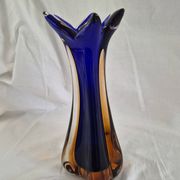 Vintage cobalt blue and amber blown glass vase in Murano style.