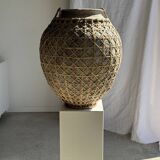 Immense light grey antique-style pot with a crosshatch lid and handles.