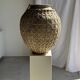 Immense light grey antique-style pot with a crosshatch lid and handles.