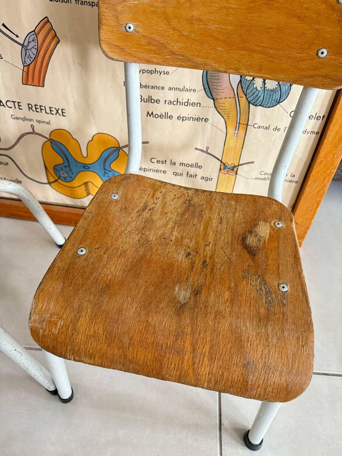 Pair of children's school chairs in wood and metal