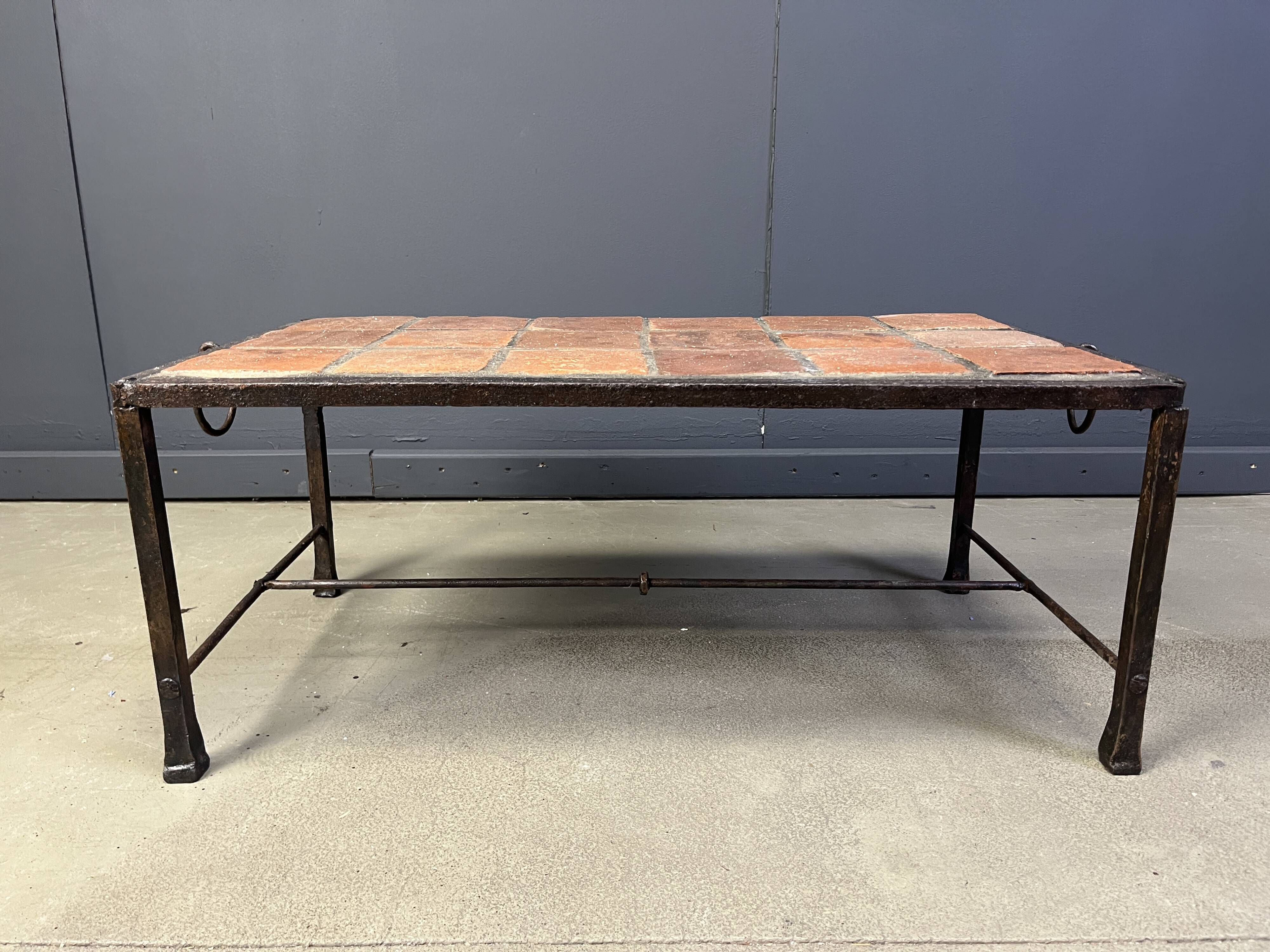 Spanish iron and ceramic tile coffee table, 1950s