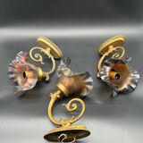 Set of 3 Glass Paste and Brass Wall Lights Signed Vianne Art Nouveau