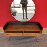 Scandinavian teak dressing table with a large round mirror.