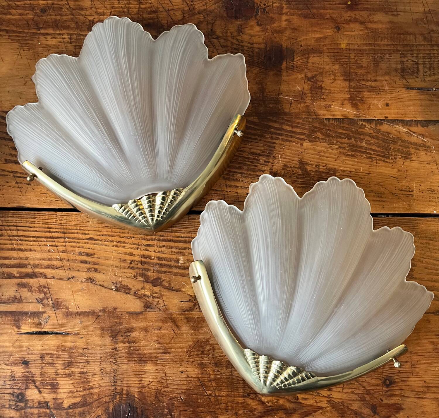 2 brass shell wall lamp covers in art deco molded glass