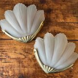 2 brass shell wall lamp covers in art deco molded glass