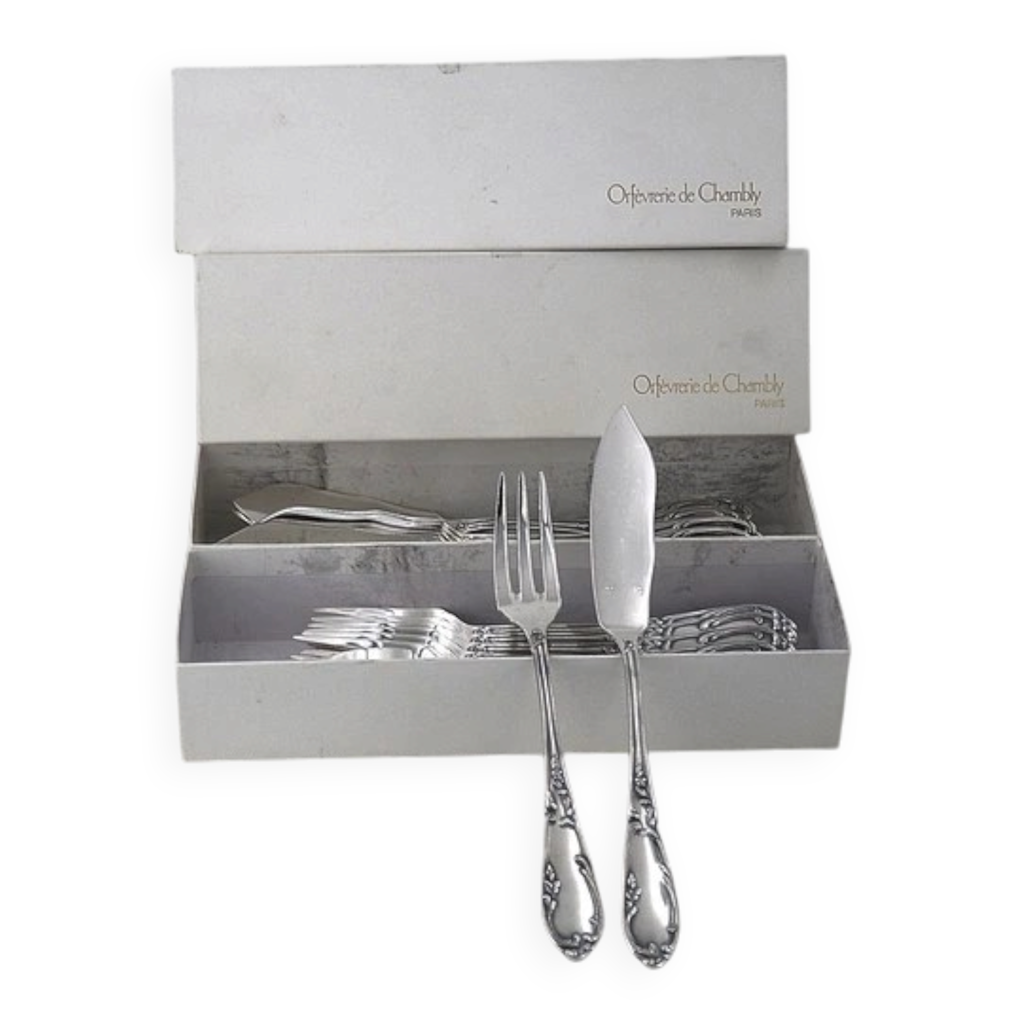 SFAM Chambly Bien Aimée, 12 silver-plated fish cutlery sets, 24 pieces.