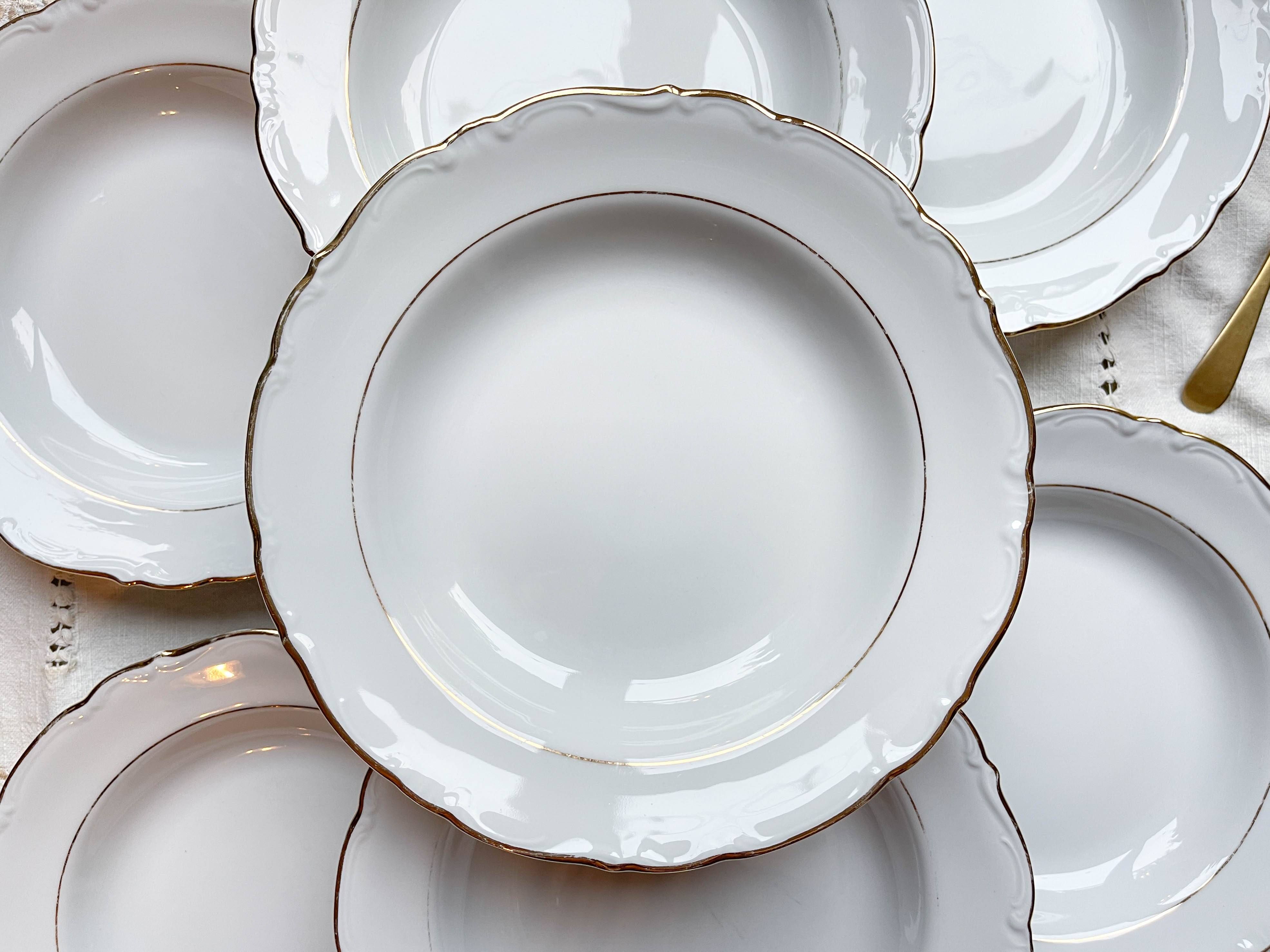 7 French Winterling BAVARIA white and gold porcelain soup plates