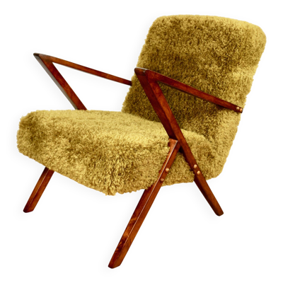 Fauteuil vintage design khaki / olive en fausse fourrure longue - fauteuil rénové