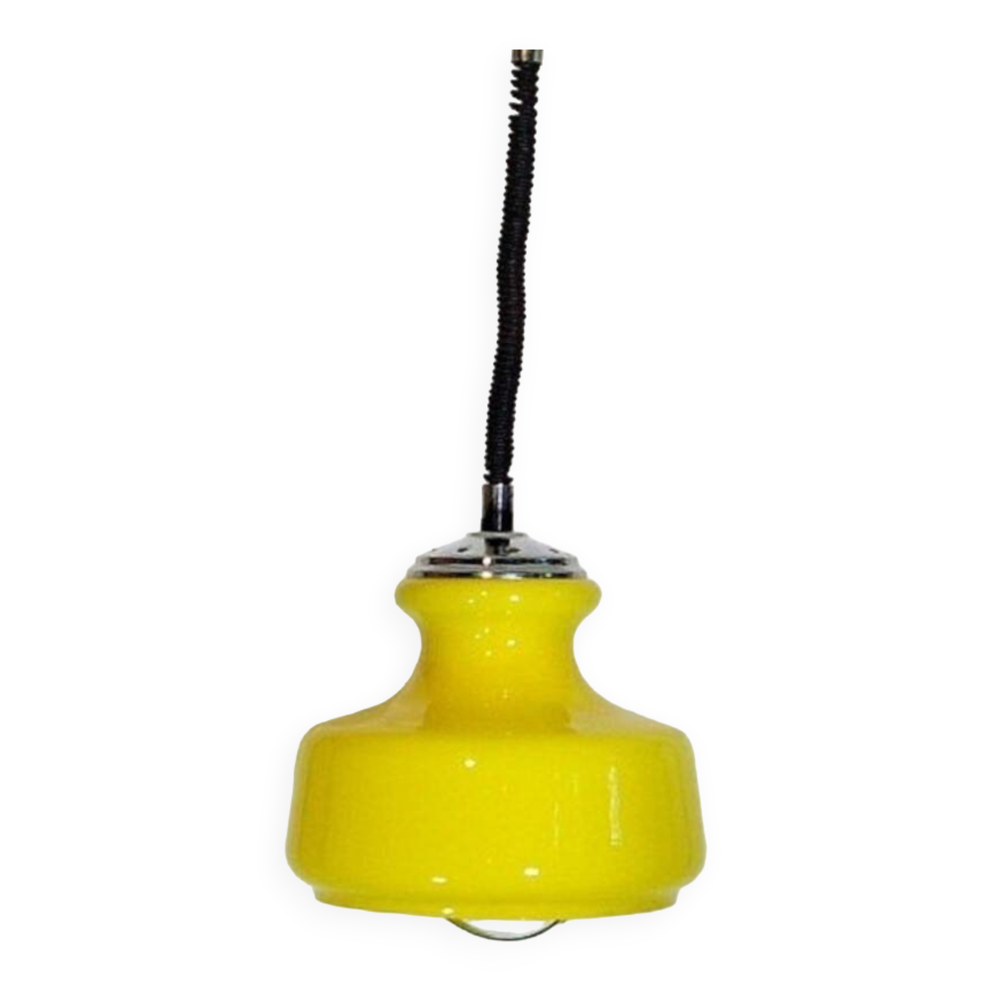 1970 adjustable pendant light, bright yellow opaline, very good condition, hangs h 65,,,, h28x25