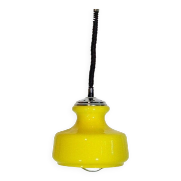 1970 adjustable pendant light, bright yellow opaline, very good condition, hangs h 65,,,, h28x25