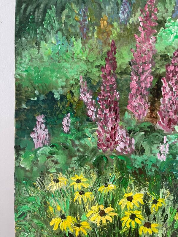 Jardin fleuri et ruisseau, signé