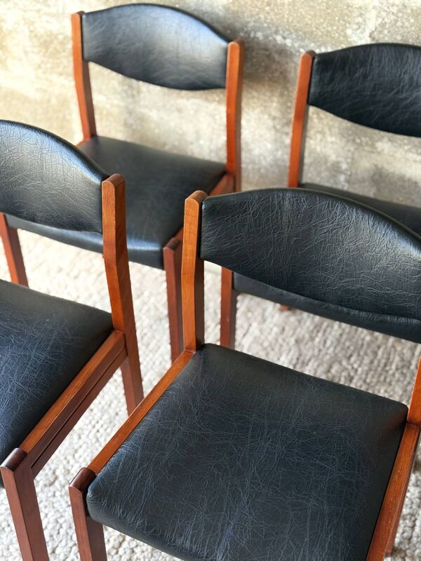 Chaises scandinave vintage en teck et simili cuir noir (x4)