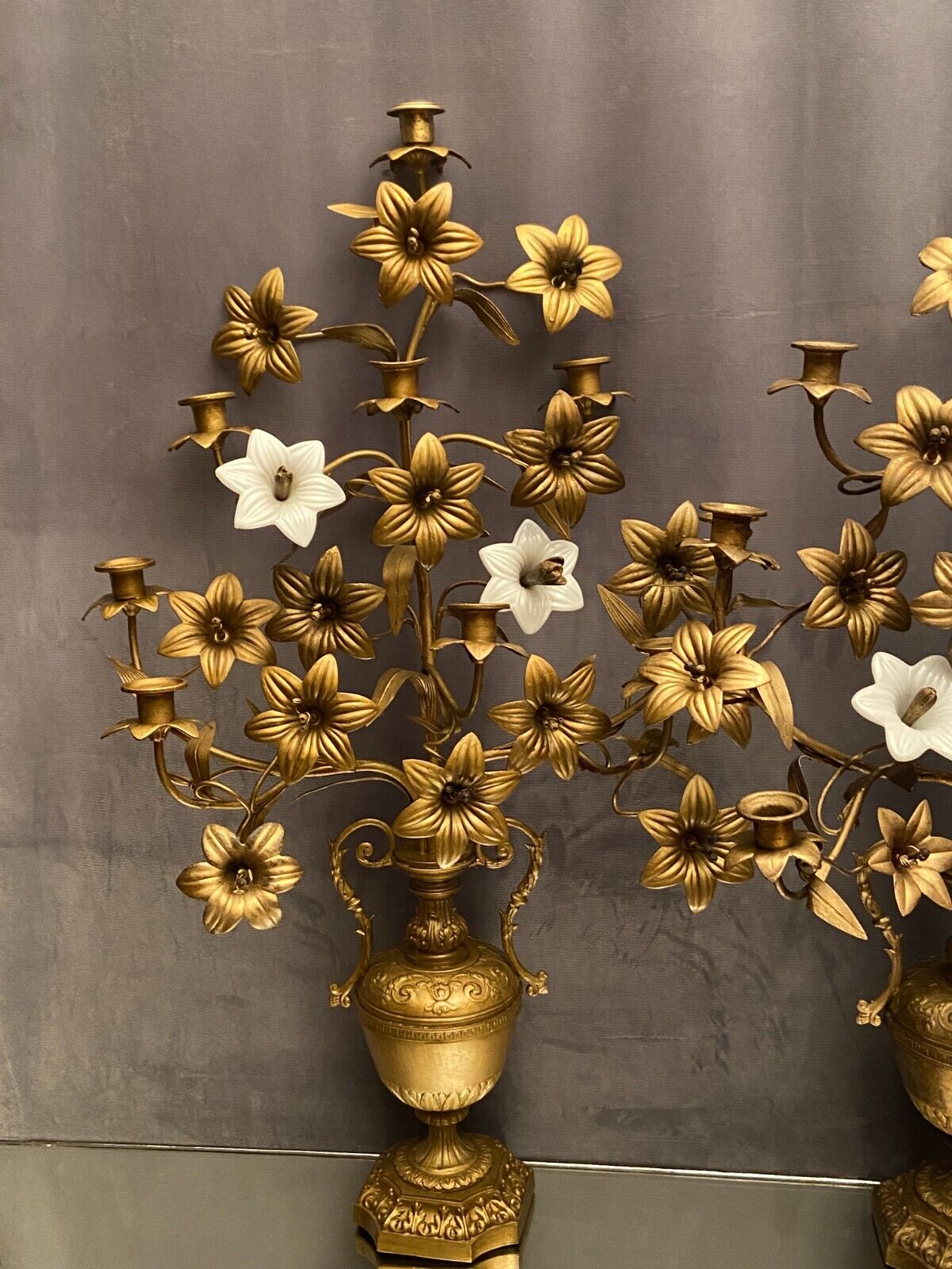 Pair of church candlesticks decorated with brass and opaline flowers nineteenth