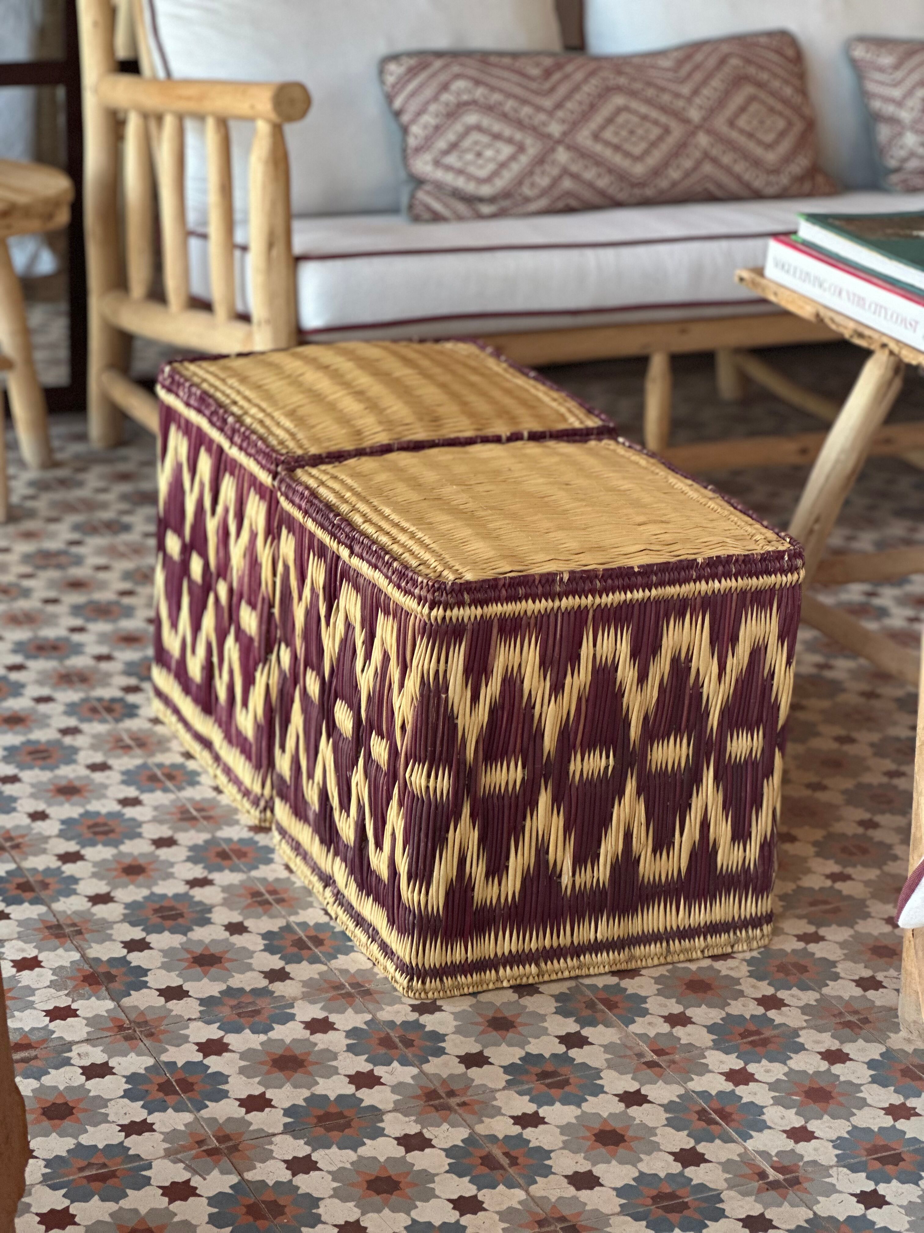 Set of two pouf seat cube rattan wicker graphic ikat red burgundy purple magenta