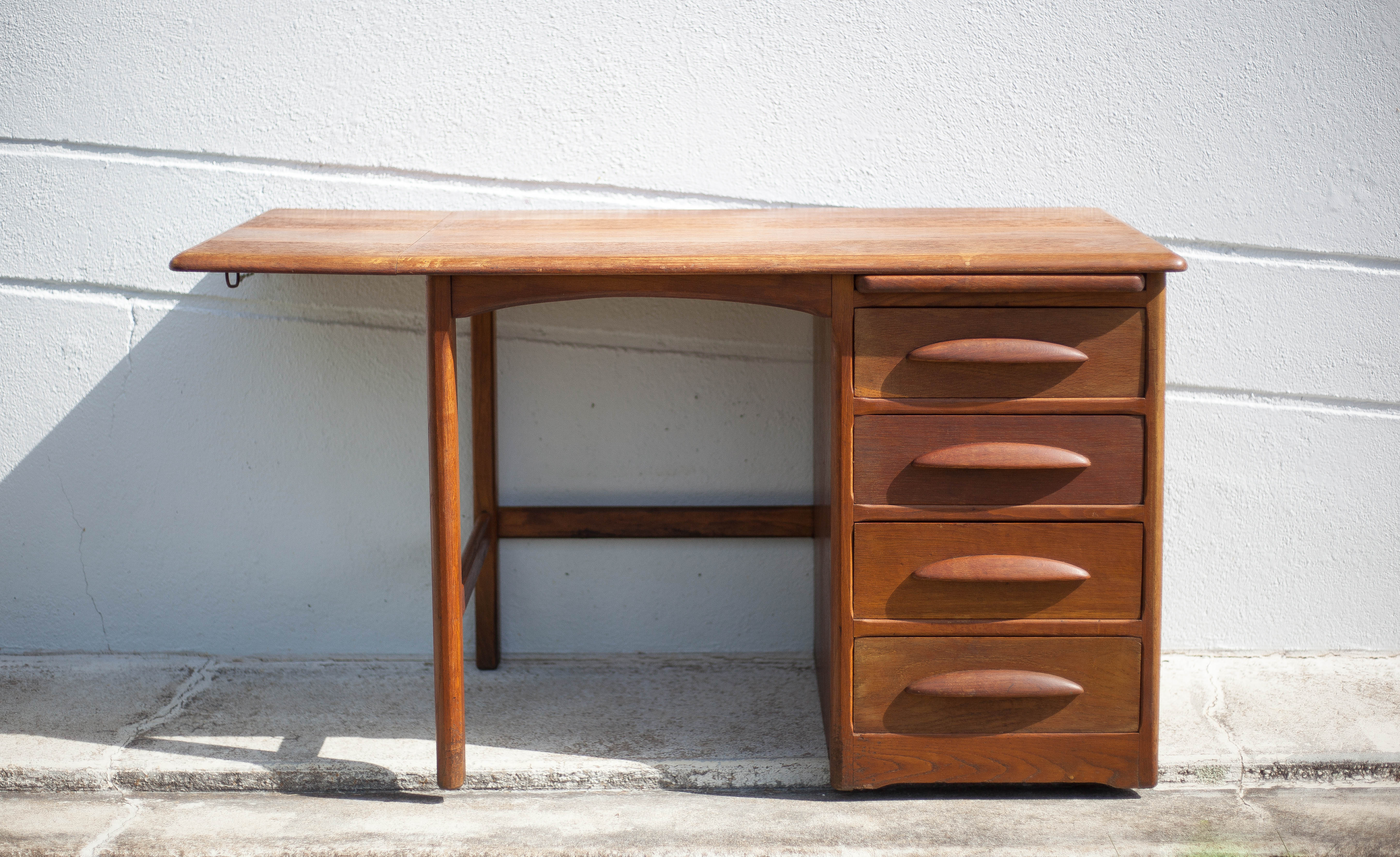 American wood desk, desk with drawers and folding extension, 50s