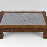 Table basse en chêne massif sculpté de faunes et plateau en marbre gris, France, circa 1940