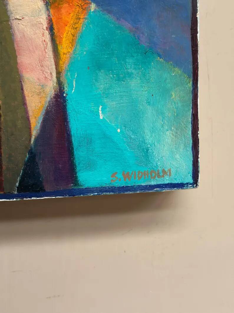 Oil on Swedish panel – 'Geometric Composition' by Stellan Widholm – Signed – vintage and framed – 35 × 32 × 5 cm