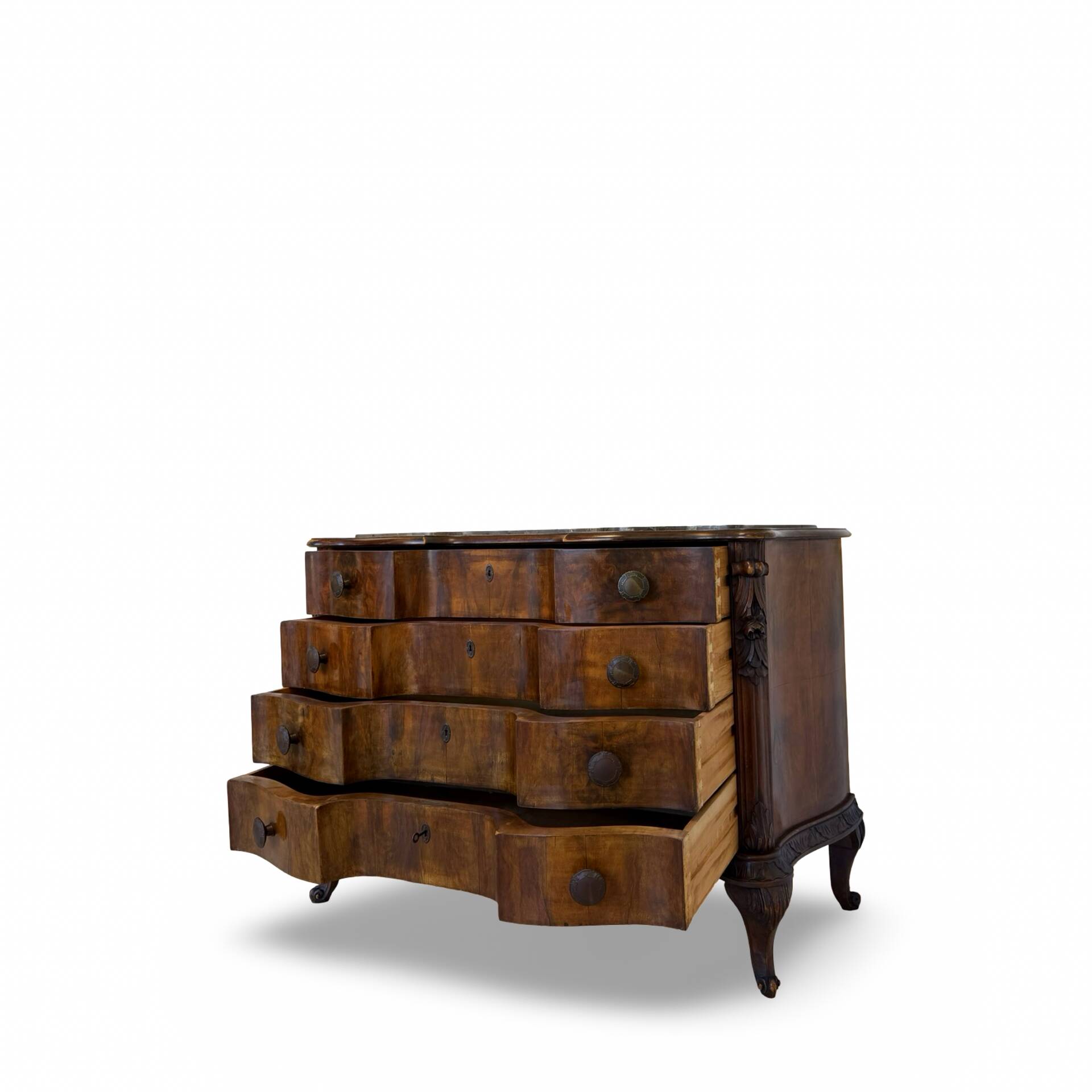 serpentine commode in antique walnut