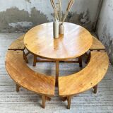 Set of round table and 4 rounded benches, 1950