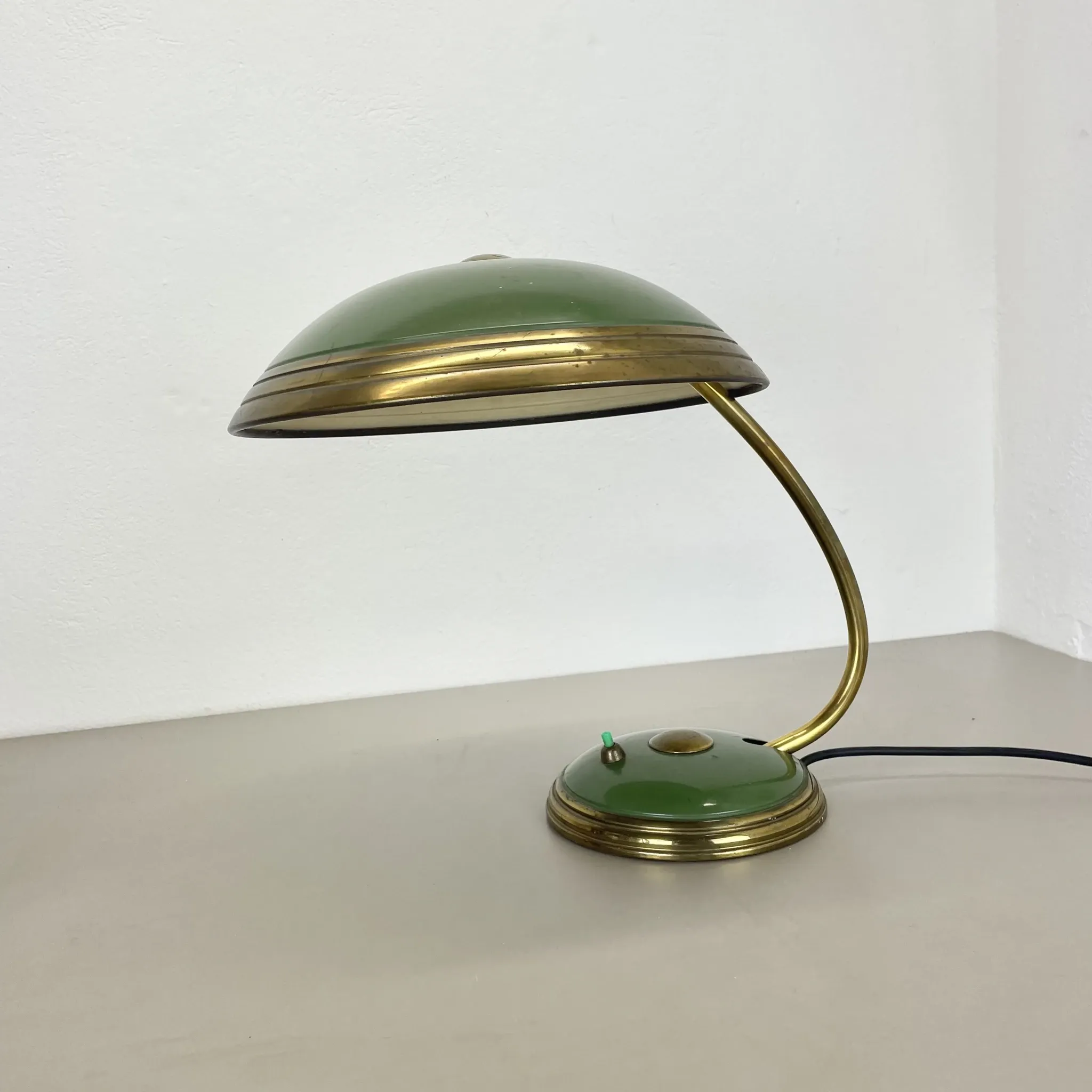 German green bauhaus table lamp in brass and metal by helo lights, germany, 1950s