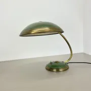 German green bauhaus table lamp in brass and metal by helo lights, germany, 1950s
