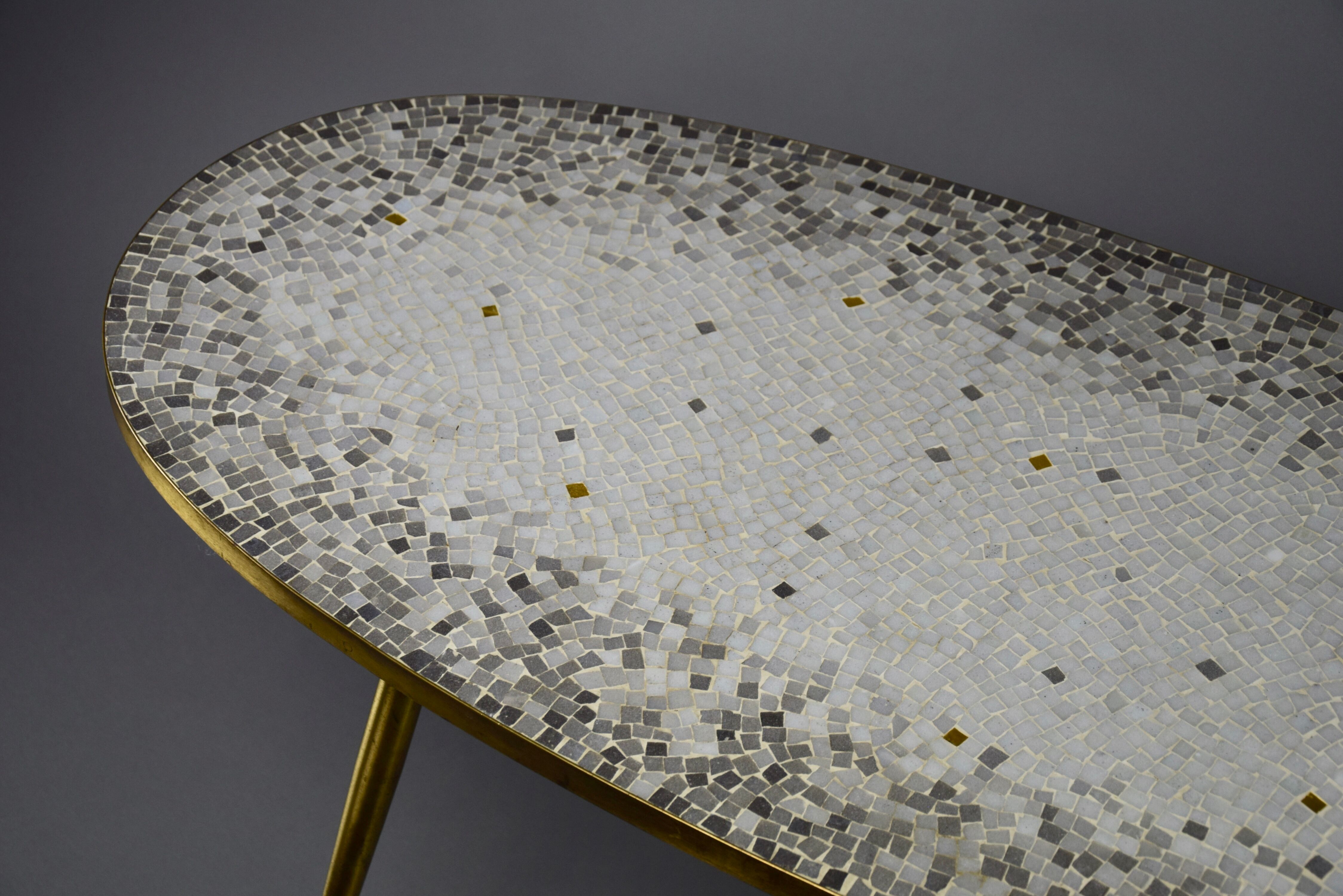 Brass Mid century Oval Coffee Table with Grey Glass Mosaic and Gold Highlights