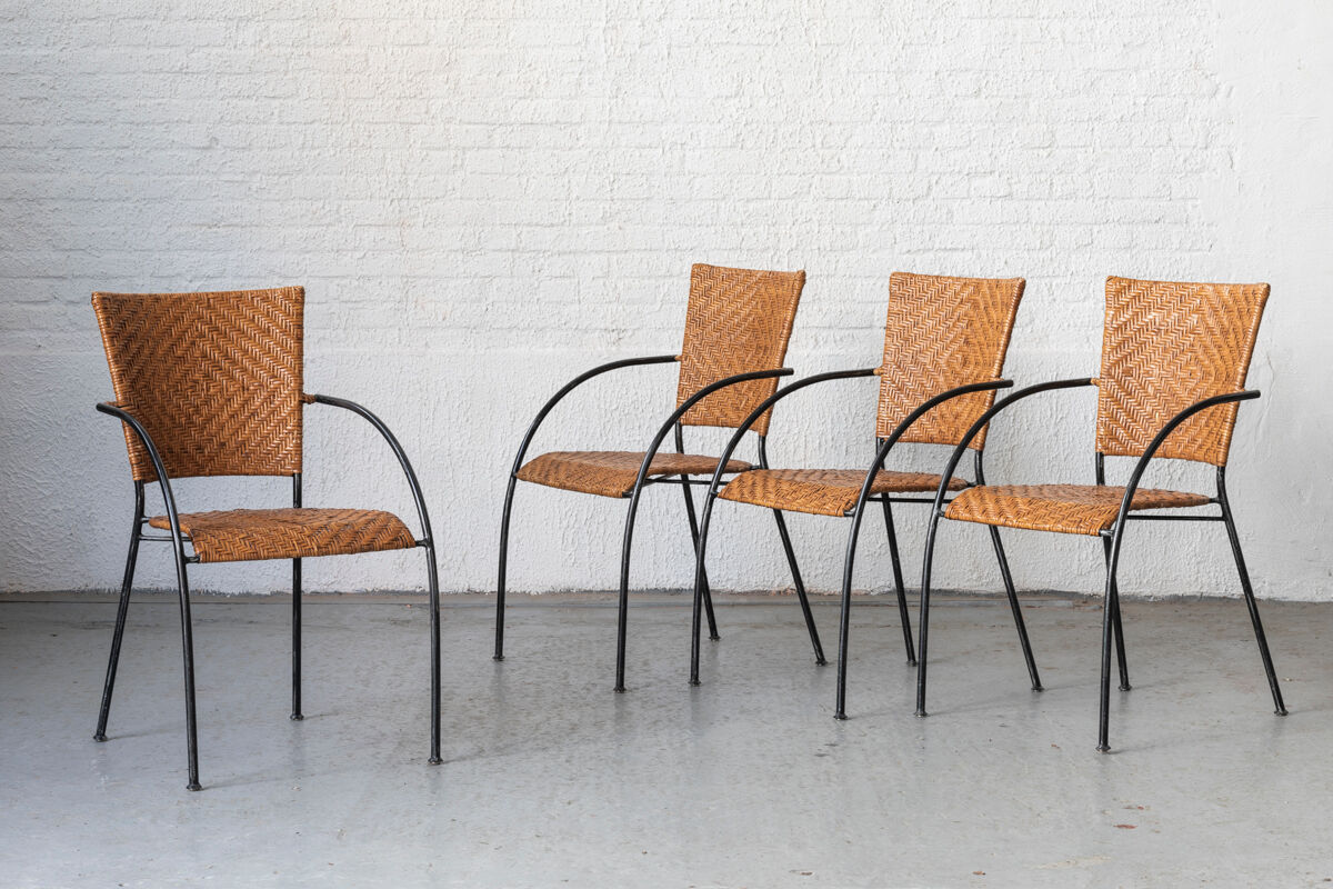 Set of 4 stackable dining chairs in steel and rattan, 1970s