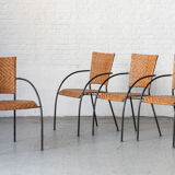 Set of 4 stackable dining chairs in steel and rattan, 1970s