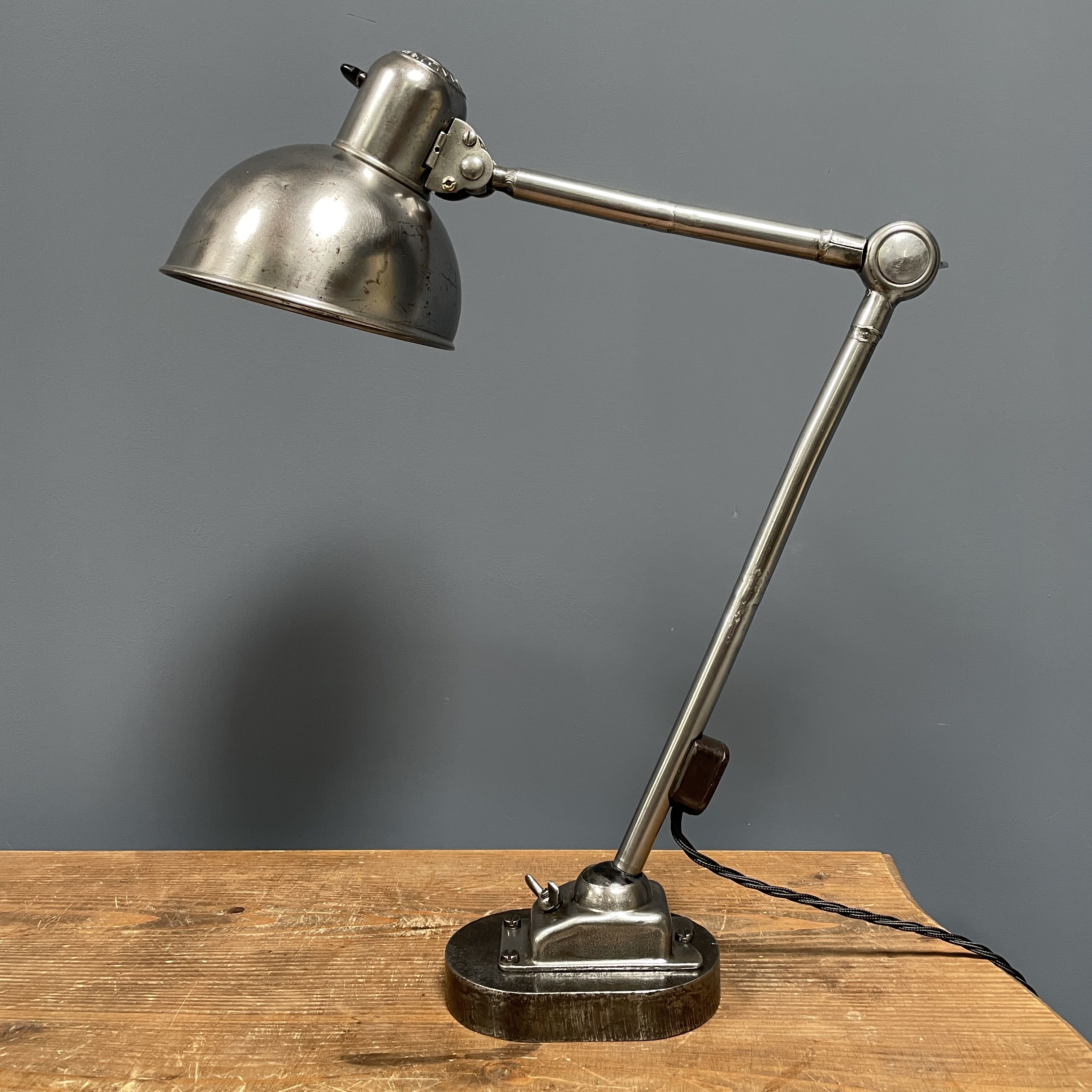 Polished Kaiser idell model 6726 workshop table lamp from the 1930s