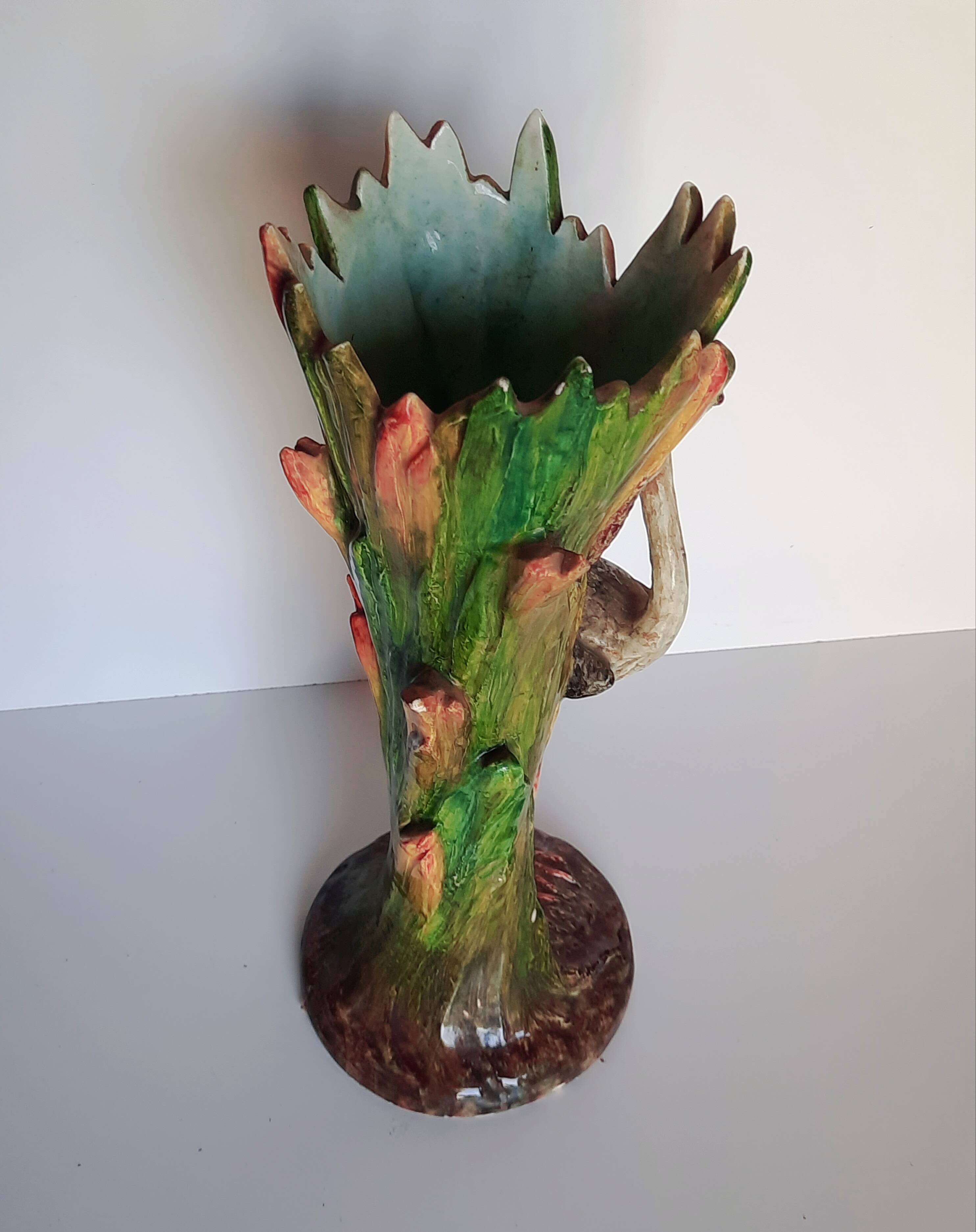 Art Nouveau majolica heron and iris vase