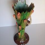 Art Nouveau majolica heron and iris vase