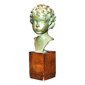 Bronze sculpture buste d'enfant en bronze à patine verte signé dick bronze france socle bois xxe s.