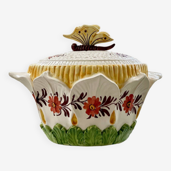 Soupière en majolique antique française avec décoration florale