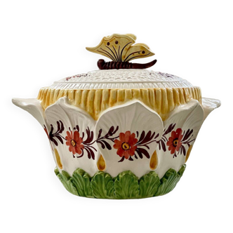 Soupière en majolique antique française avec décoration florale