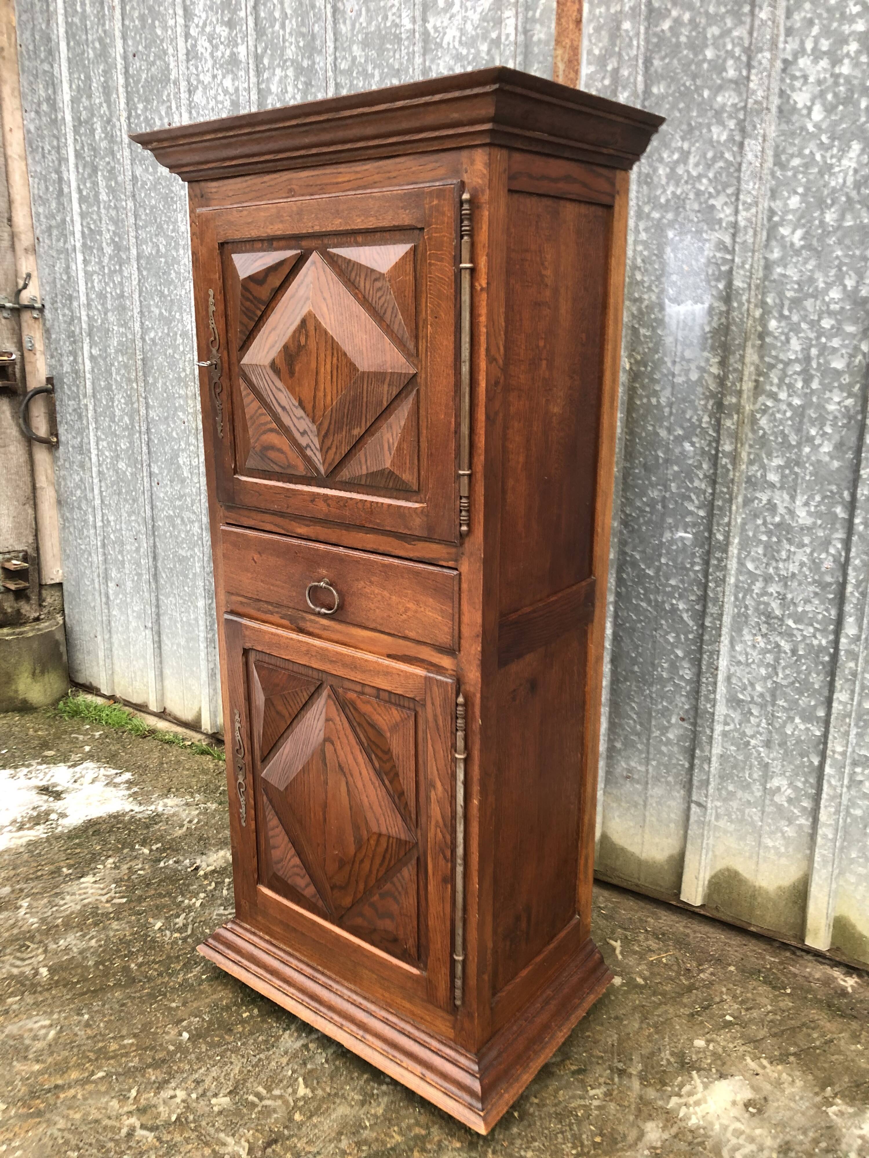 Solid oak wardrobe with 2 doors and 1 drawer in neo Louis XIII style.