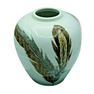 Vase porcelaine de  limoges decor plumes  ferrieres, patrick frey