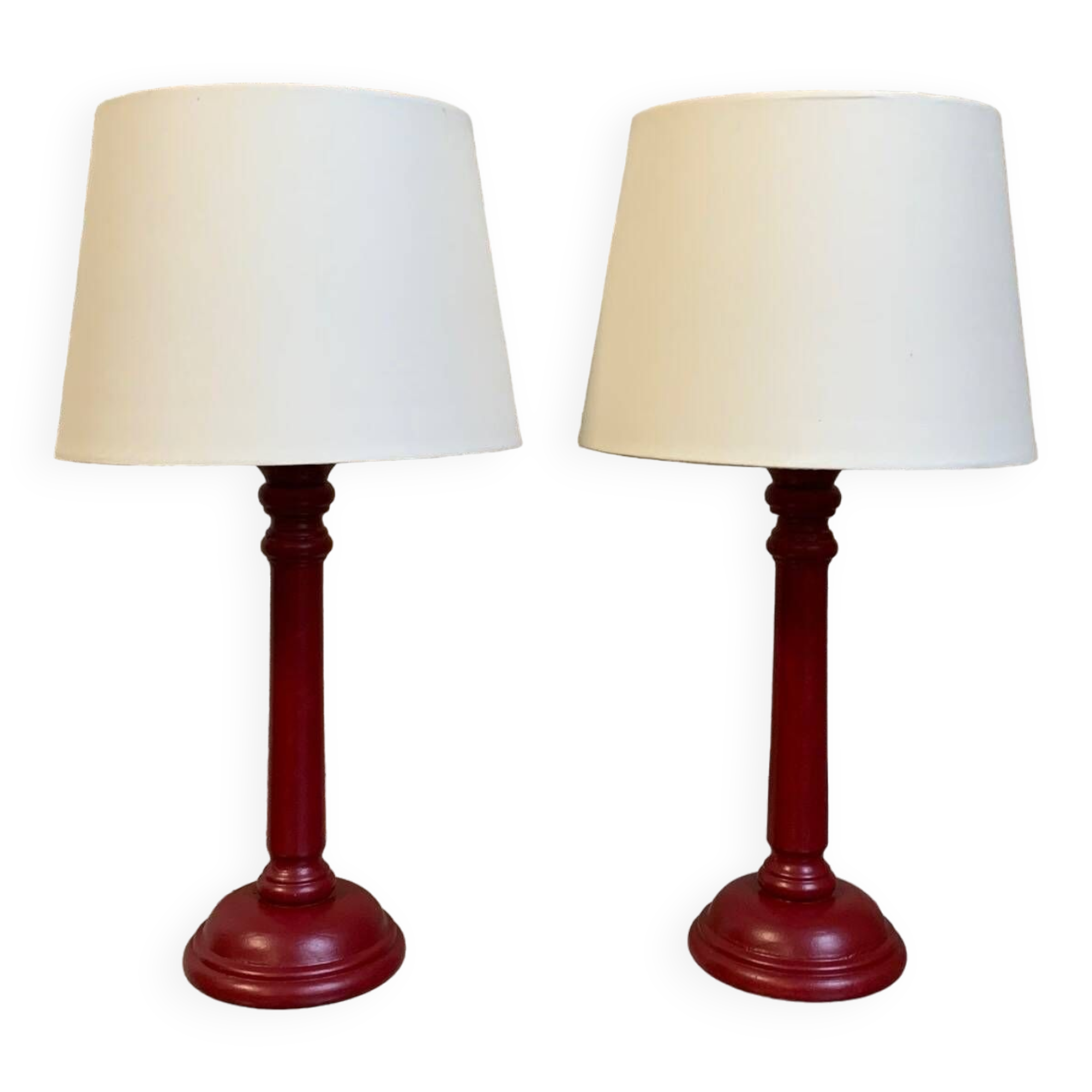 Brick/burgundy colored wooden bedside lamp duo