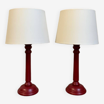 Duo de lampe de chevet en bois couleur brique / bordeaux