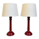 Brick/burgundy colored wooden bedside lamp duo