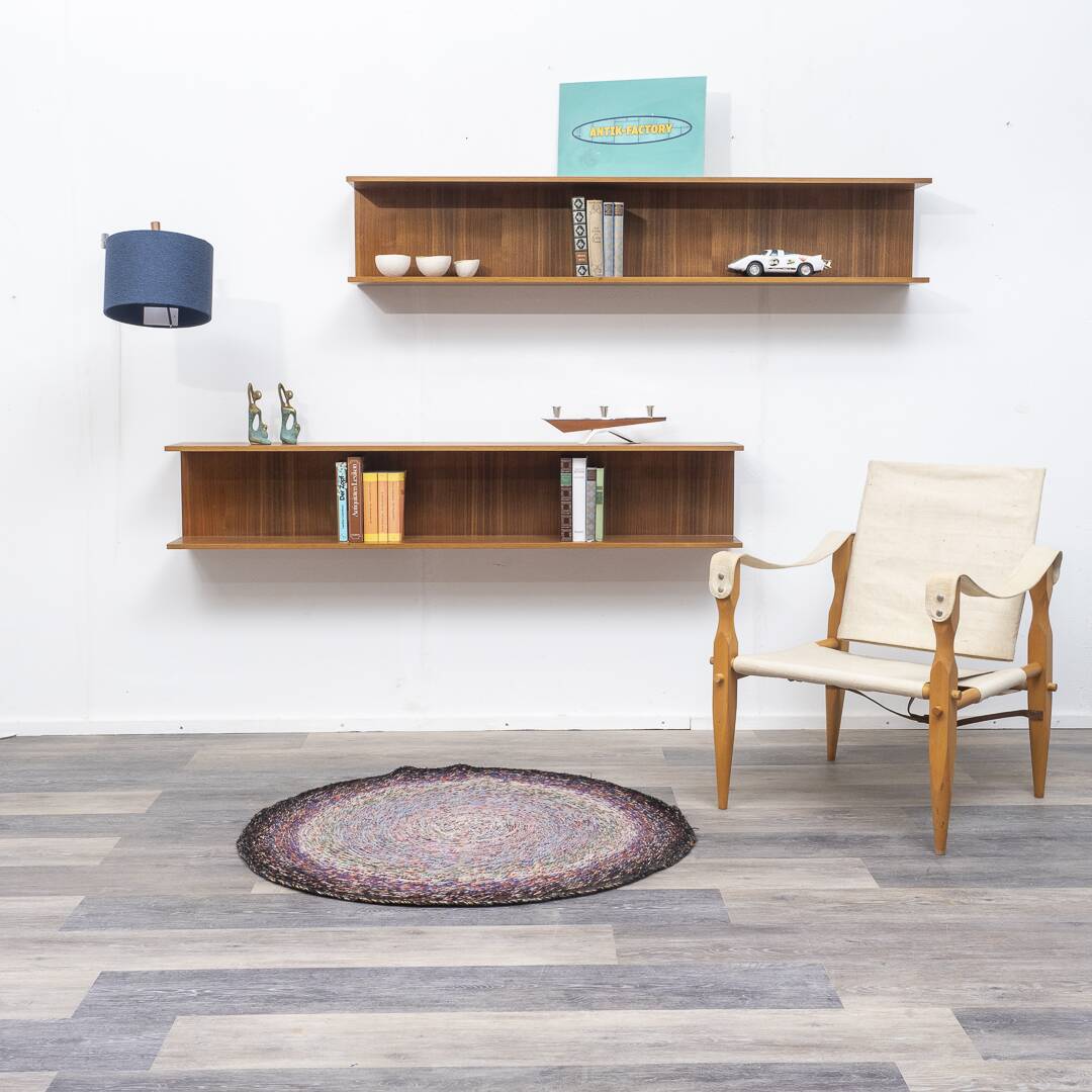Two minimalist 60s wall shelves in walnut