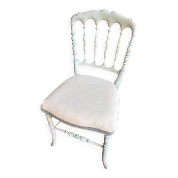 Napoleon III chair in blue painted wood and beige mixed fabric.