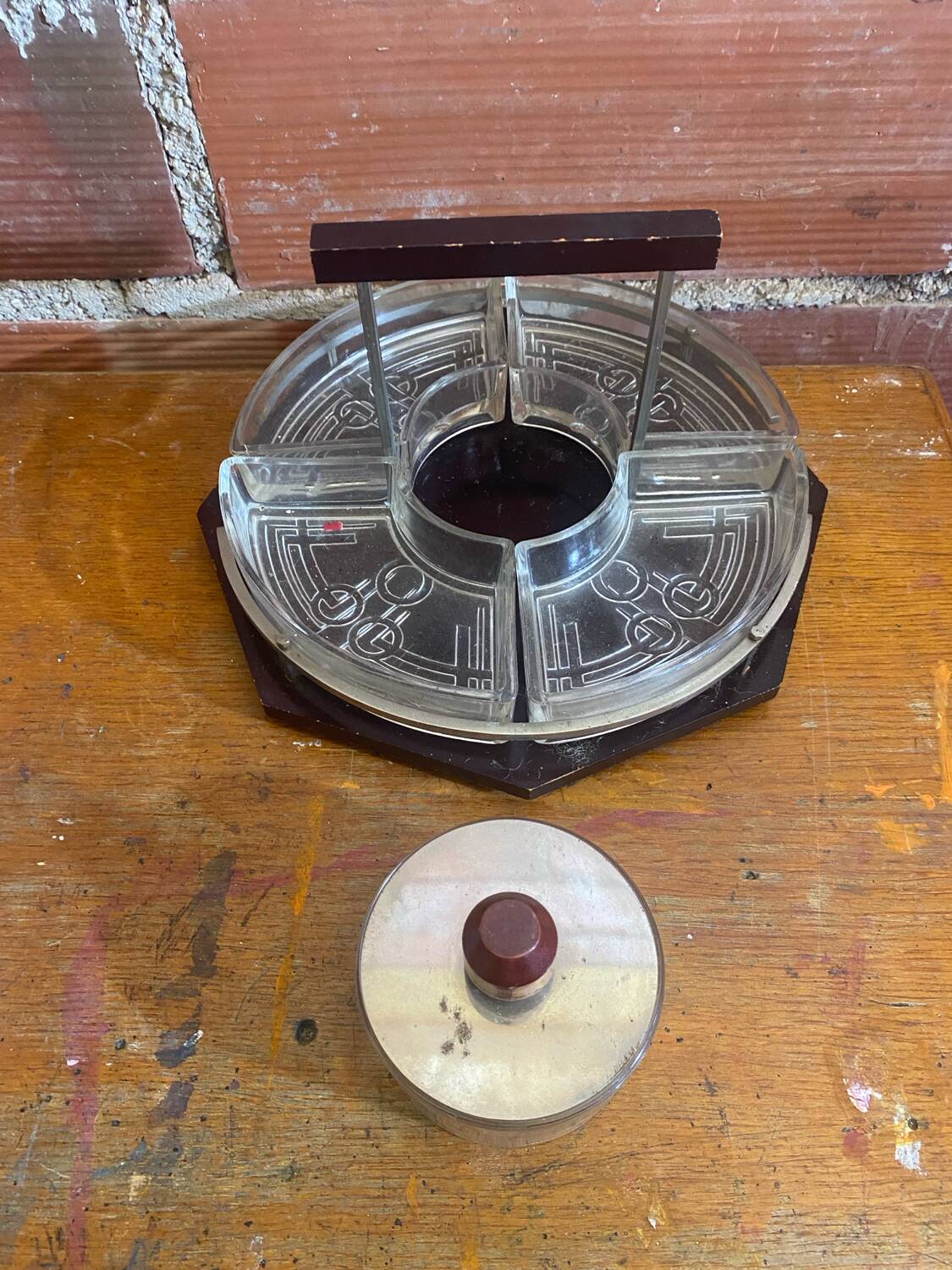 Serving Tray Wood & Chrome + Molded Glass Bowls Kitchen Wine