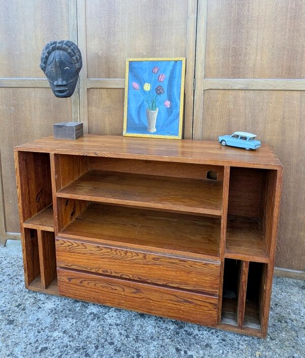 Meuble console TV Hifi Pin Massif Vintage 60 70 80 Chalet