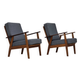 1970s, pair of Danish armchairs, reupholstered, furniture wool, teak, oak.