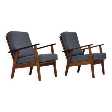 1970s, pair of Danish armchairs, reupholstered, furniture wool, teak, oak.