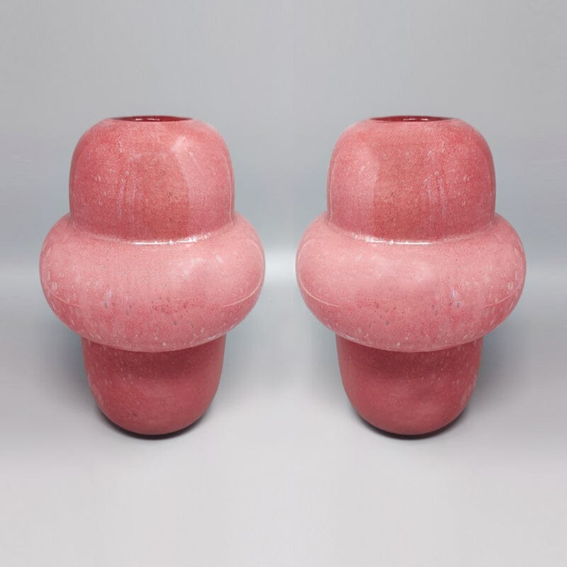 1970s Pair of Pink Vases in Murano Bubble Glass by Dogi. Made in Italy