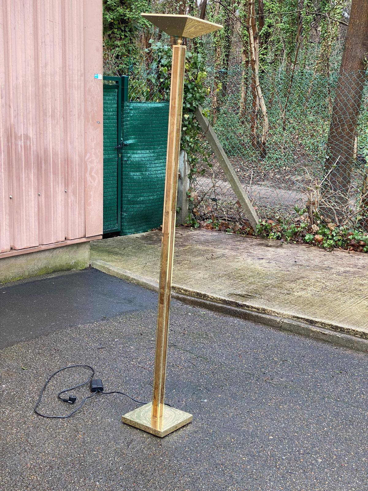 Square Art Deco vintage halogen floor lamp in gilded brass