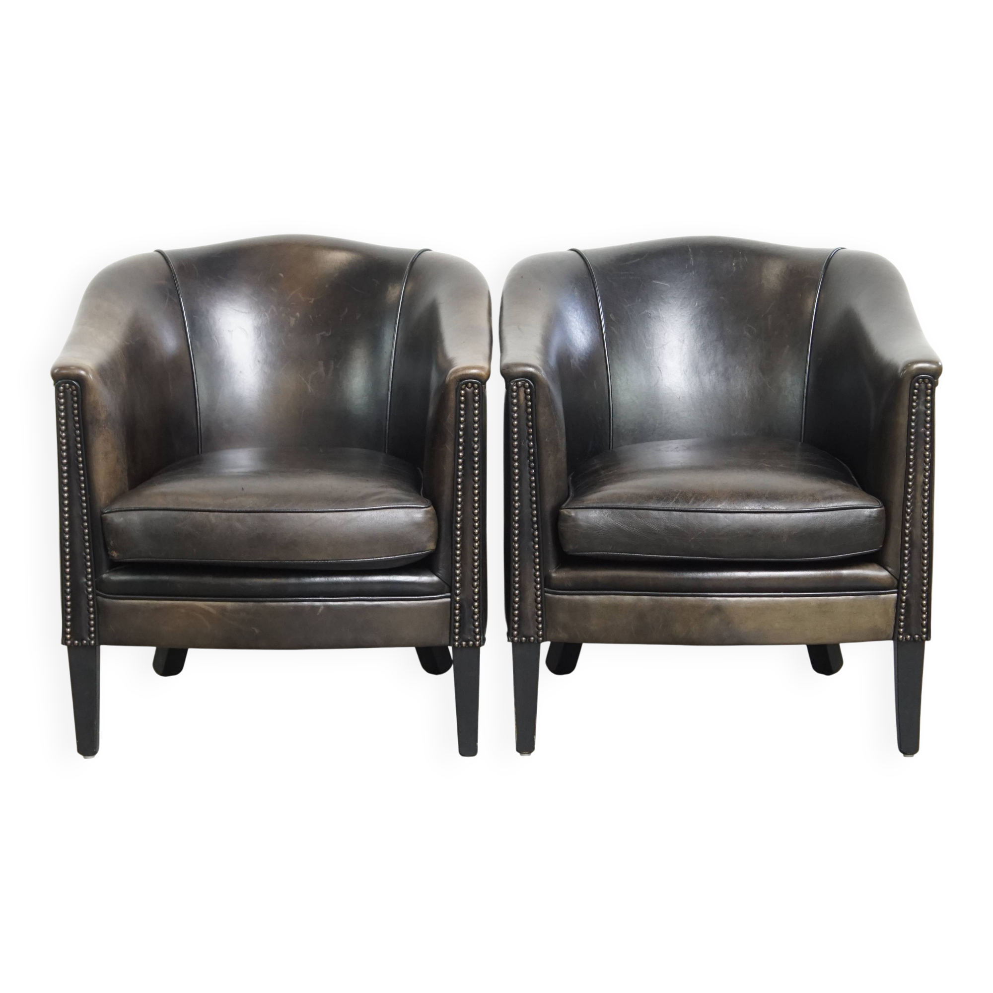 Set of 2  black/grey sheepskin leather club chairs